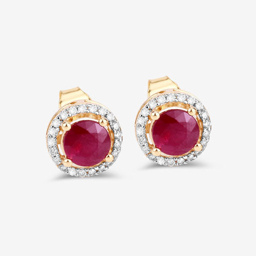 14K Gold Round Halo Ruby and Diamond Earrings