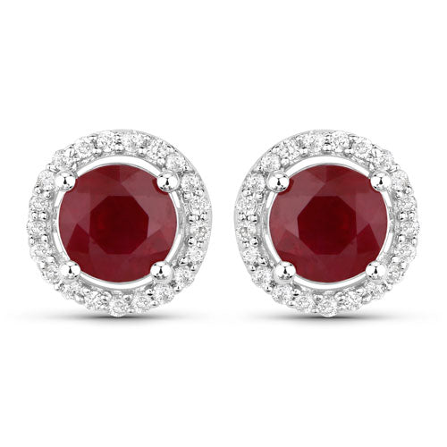 14K Gold Round Halo Ruby and Diamond Earrings