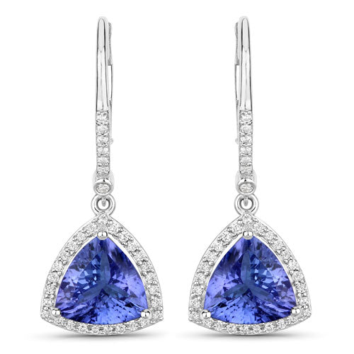 14K Gold Halo Tanzanite and Diamond Dangle Earrings
