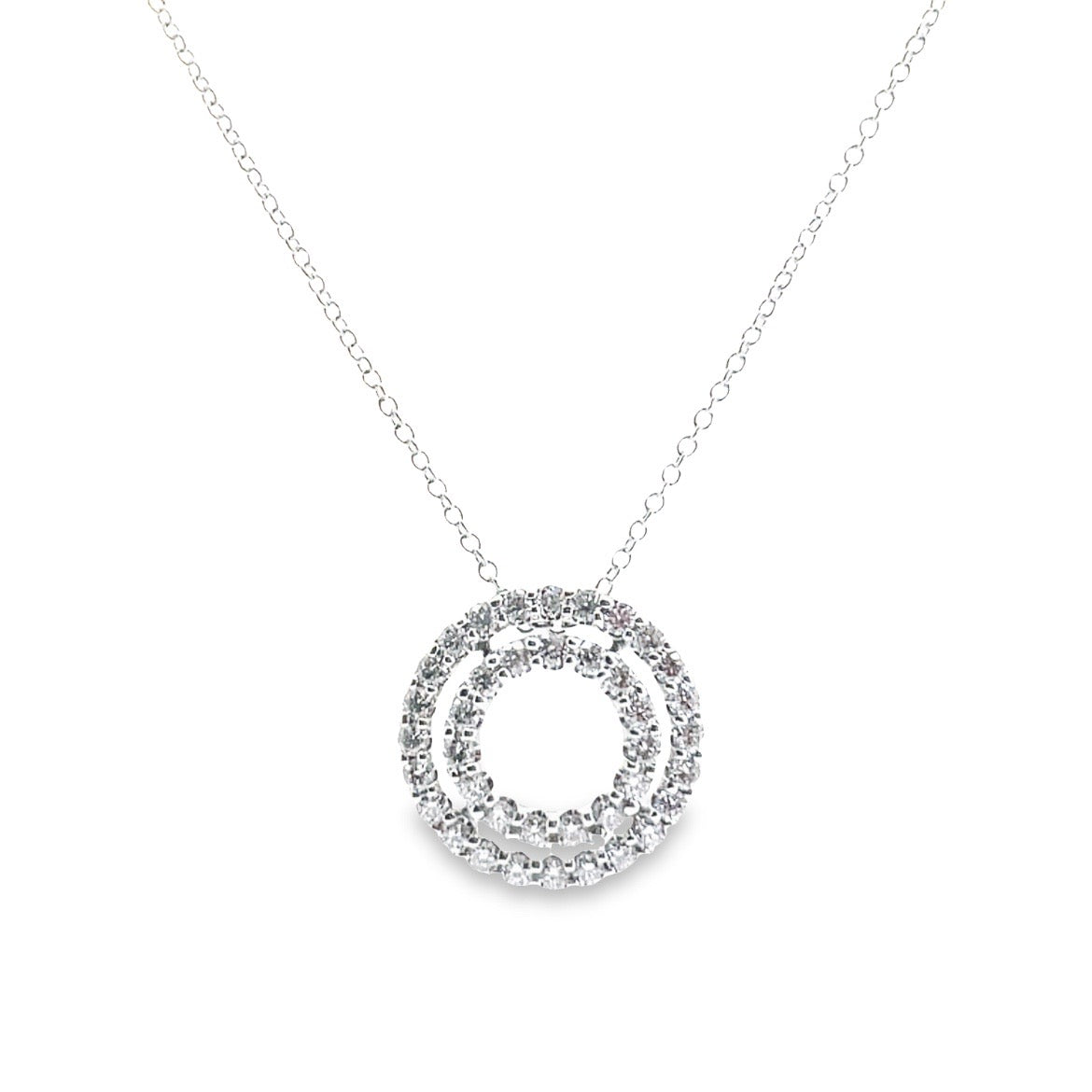 14K White Gold Double Circle Diamond Pendant Necklace