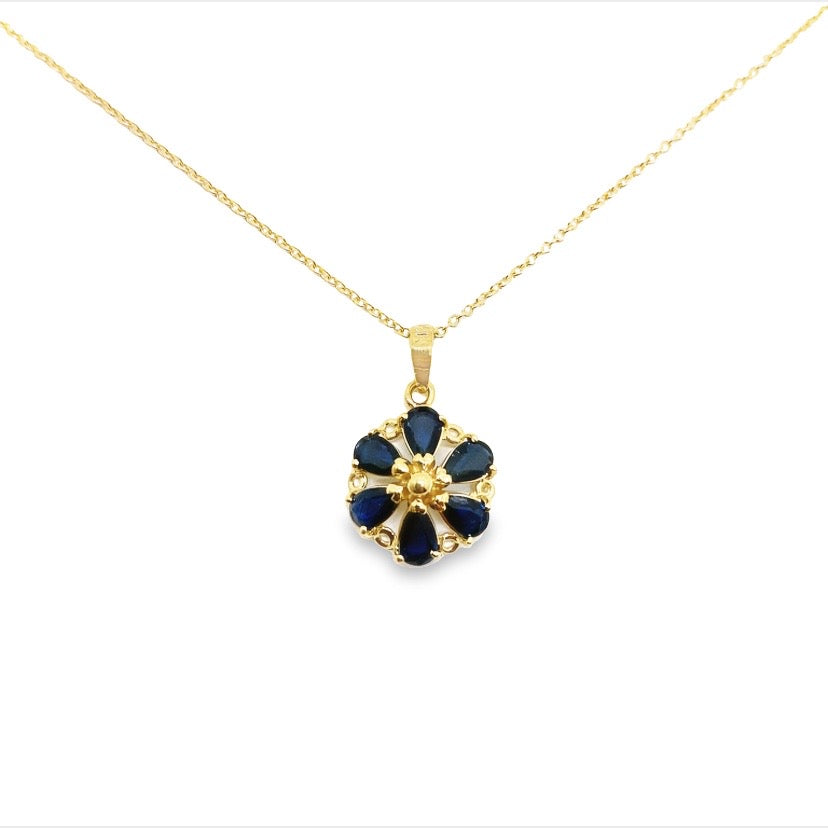 14K Yellow Gold Flower Sapphire Pendant Necklace