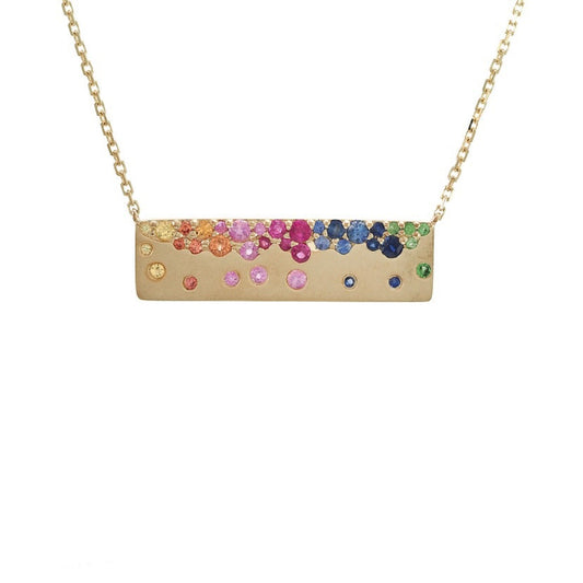 14K Yellow Gold Multi-Gems Rainbow Bar Necklace