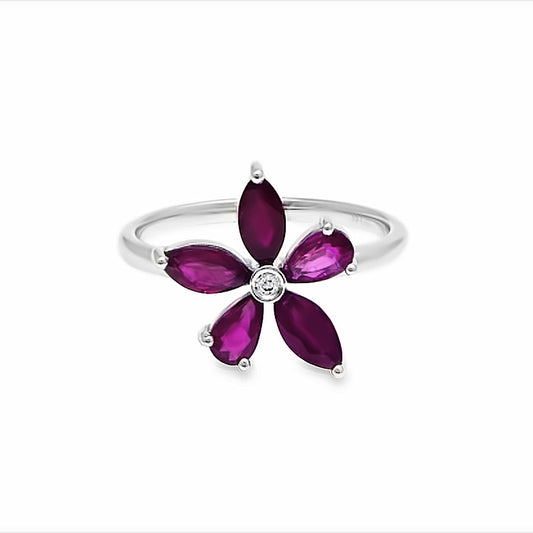 14K White Gold Ruby and Diamond Clover Flower Ring