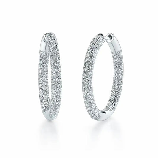 14K White Gold Inside Outside Pave Diamond Hoop Earrings