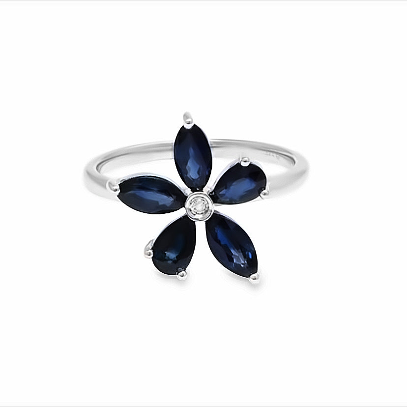 14K White Gold Sapphire and Diamond Clover Flower Ring