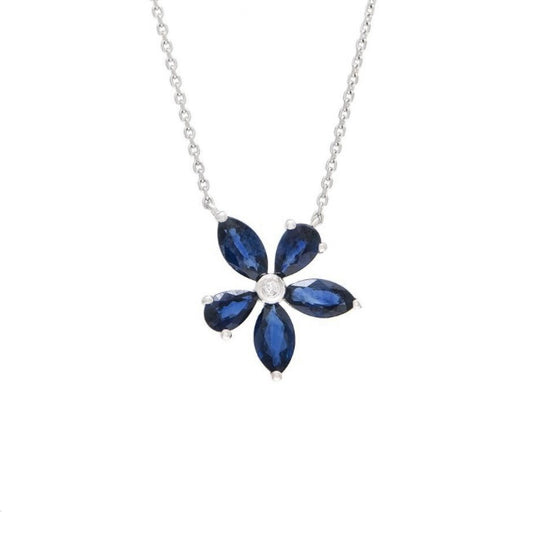 14K White Gold Sapphire and Diamond Clover Flower Necklace