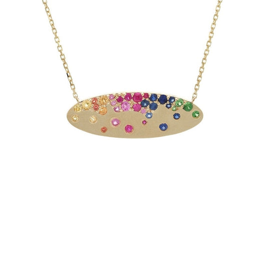 14K Yellow Gold Multi-Gems Rainbow Oval Bar Necklace