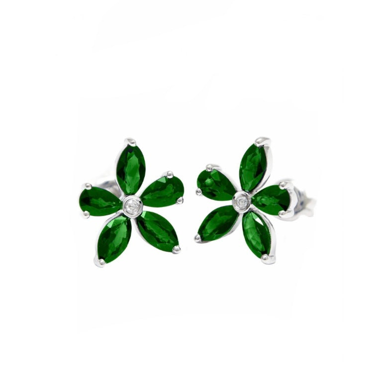 14K White Gold Emerald and Diamond Clover Flower Earrings