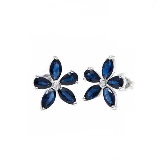 14K White Gold Sapphire and Diamond Clover Flower Earrings