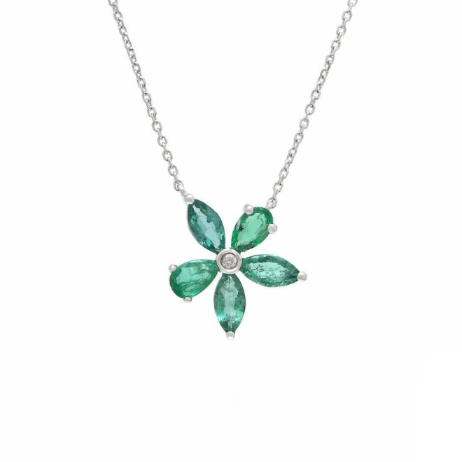 14K White Gold Emerald and Diamond Clover Flower Necklace