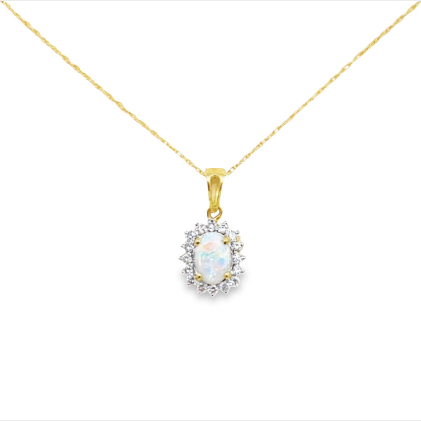 14K Yellow Gold Opal and Diamond Sunburst Pendant Necklace