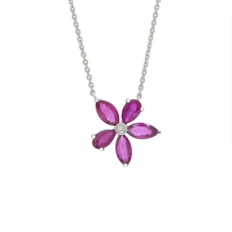 14K White Gold Ruby and Diamond Clover Flower Necklace