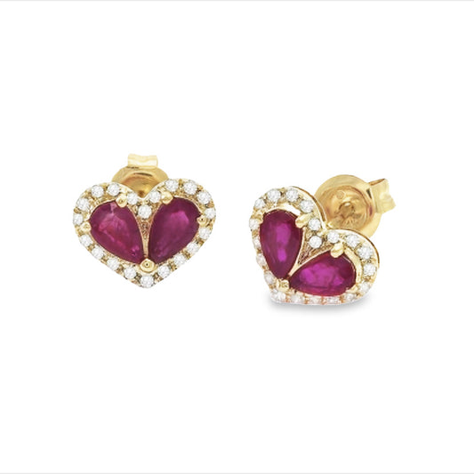 14K Gold Ruby and Diamond Heart Statement Earrings