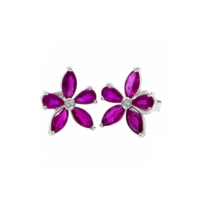 14K White Gold Ruby and Diamond Clover Flower Earrings