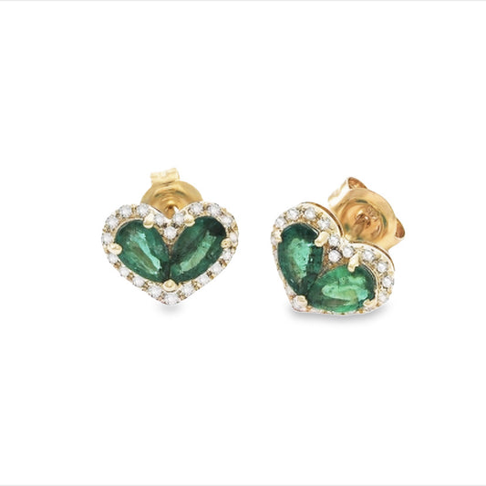 14K Yellow Gold Emerald and Diamond Heart Statement Earrings