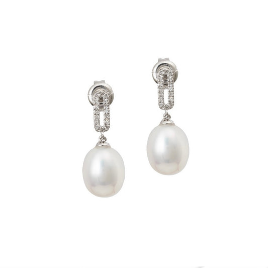 14K Gold Pearl and Diamond Drop Earrings