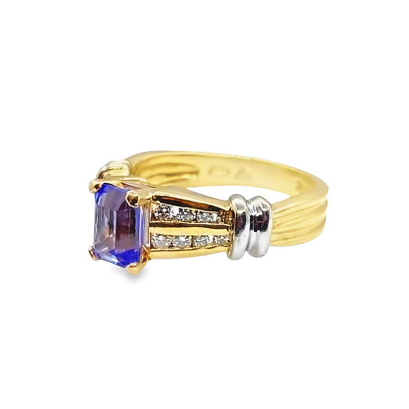 14K Yellow Gold Emerald Cut Tanzanite and Diamond Ring